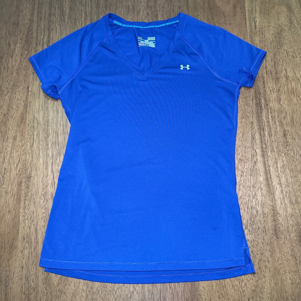 Under Armour HeatGear Womens M Blue Fitted Mesh V Neck Running Workout Shirt